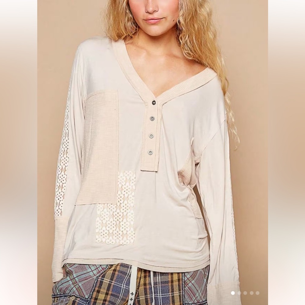 POL Cream Patchwork Long Sleeve Top